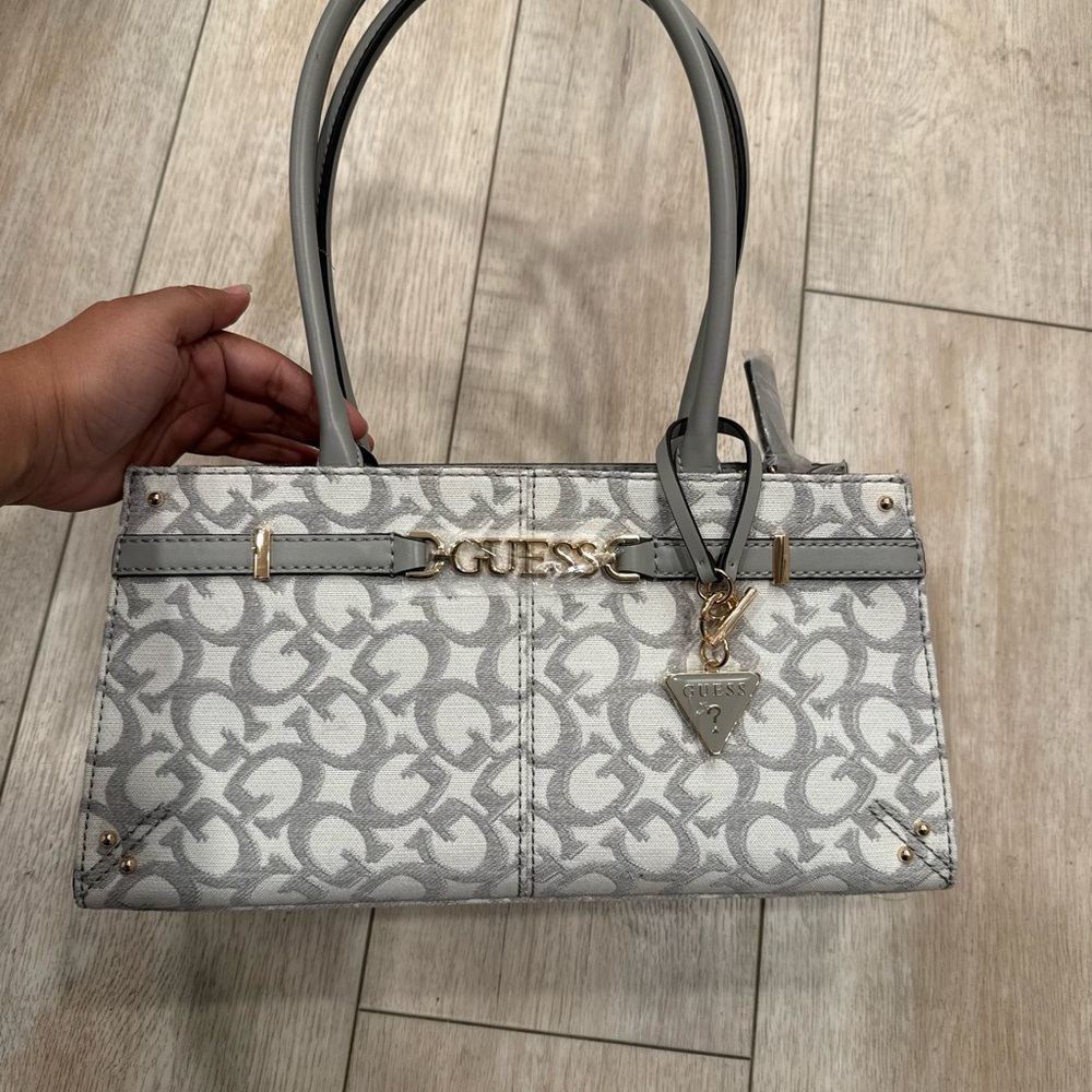 GUESS Gray and White Logo Satchel with Gold Hardware